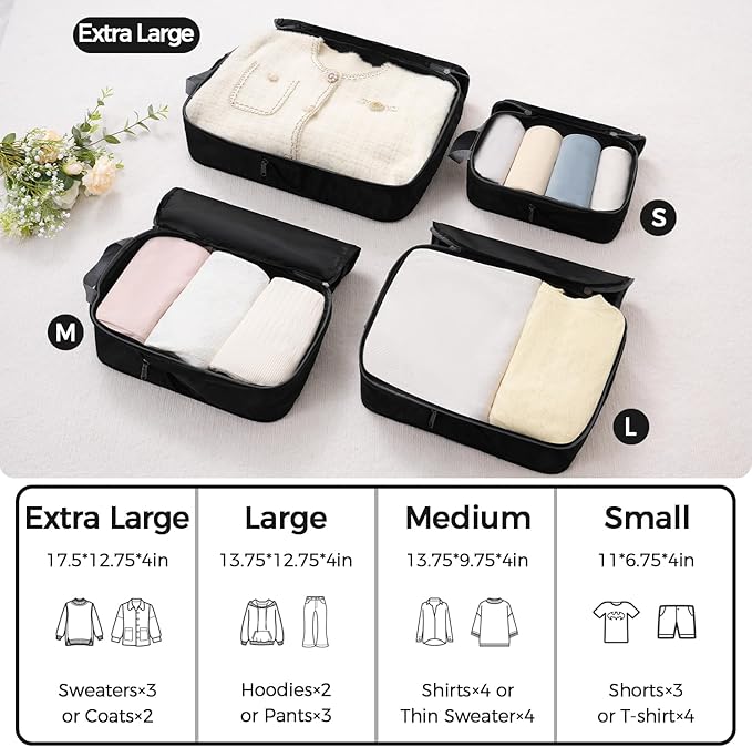 BAGAIL 4 Set/6 Set/8 Set Compression Packing Cubes Travel Accessories Expandable Packing Organizers (Cloth Pattern, 4-Black)