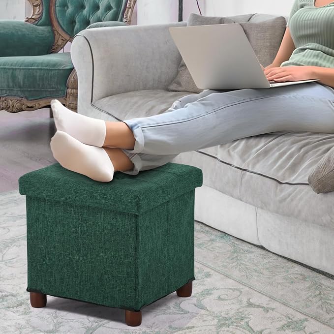 15 Inches Storage Ottoman with Wooden Legs, Cube Foot Rest Stool/Square Footstool Storage for Living Room, Foldable Fabric Ottoman, Comfortable Seat with Lid, Space-Saving Green