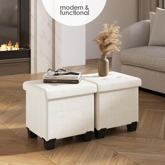 Storage Ottoman Cube with Small Bin, 15-in Square Ottoman with Storage for Living Room and Bedroom, Small Ottomans Foot Rest, Velvet Foot Stools Ottomans Max 330lbs, Cream