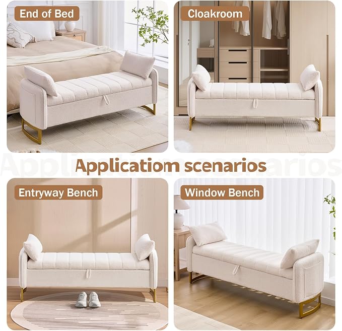 66" End of Bed Bench King Size, Teddy Boucle Storage Bench for Bedroom Foot of Bed, Storage Ottoman Bench with Golden Legs and Pillows for Living Room Window Entryway, White