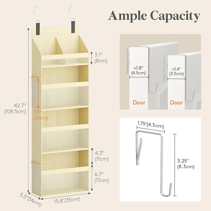 Lifewit 4 Tier Over the Door Diaper Organizer for Nursery, Large Heavy Duty Hanging Storage with 4 Mesh Side Pockets, Sturdy Back of Door Shelf for Baby Stuff Toy in Pantry, Laundry, Bathroom, Beige