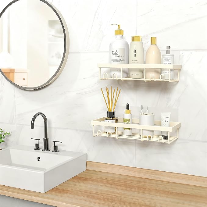Moforoco Shower Caddy Shelf Organizer Rack, Self Adhesive Black Bathroom Shelves Basket, Home Farmhouse Wall Inside Organization and Storage Decor Rv Accessories, First Camper Apartment Essentials