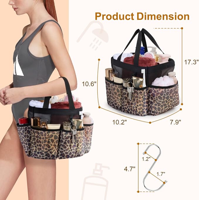 Mesh Shower Caddy Portable - 8 Pockets, S-Hook, Shower Bag for Dorm Camping | 2-Handle, Quick-Dry, Hanging Toiletry Organizer, College Dorm Room Essentials for Girls, Gym, Travel & Bathroom, Leopard
