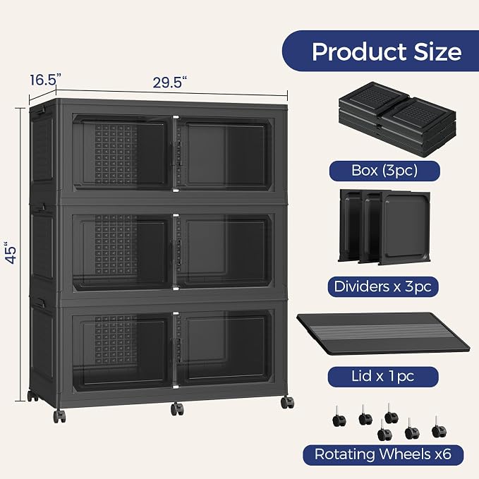 120GAL Extra Large Storage Bins with Lid, 480Qt Stackable Closet Organizers and Drawers, Collapsible Storage Bins with Wheels, Folding Containers for Home, Kitchen Office, 3Pack Black