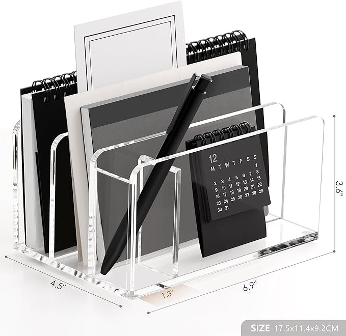 SANRUI Acrylic Mail Sorter Desk Organizer with Pen Holder, 3 Compartments | Clear Small File Script Letter Document Storage for Desktop Bill Filling Envelope Holder Office, Home, School Organization
