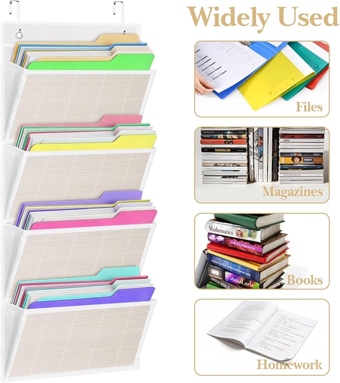 hanging wall file organizer, Over the door file folder organizer with 4 Large Bamboo Pockets, Suitable for Home, Office, Back to School Supplies Storage and Organization (White)