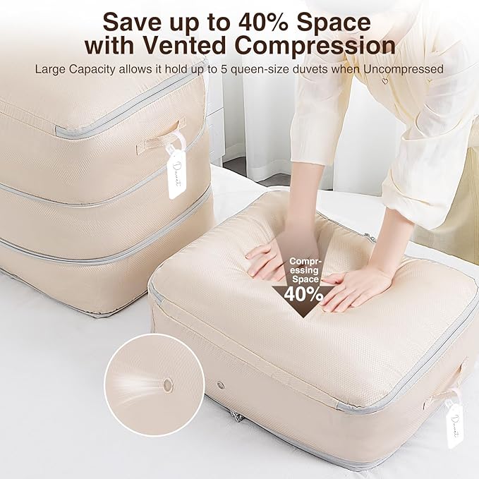 Homsorout 2 Pack Compression Storage Bags - 110L Large Capacity Comforter Storage Bag, 3-Layer Washable Ultra Space Saving Self Compression Organizer Space Bags for Blankets, Sweaters, Sheets, Beige