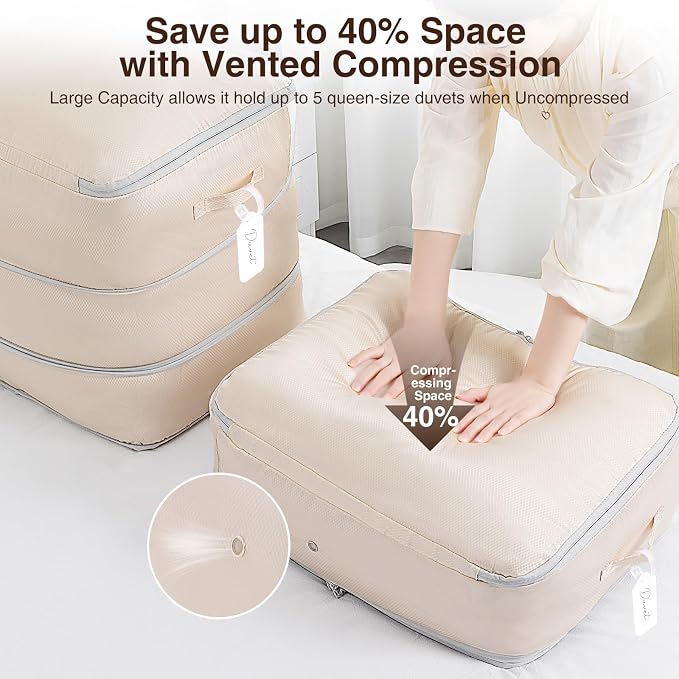 Homsorout 4 Pack Compression Storage Bags - 110L Large Capacity Comforter Storage Bag, 3-Layer Washable Ultra Space Saving Self Compression Organizer Space Bags for Blankets, Sweaters, Sheets, Beige
