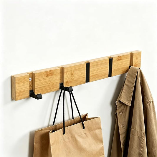 Wall Mounted Coat Rack, Heavy Duty Folding Coat Hooks Wood Retractable Wall Hooks for Hanging Purse Clothes Keys, Towel Hooks Rack for Bathroom Wall Coat Hanger for Entryway (5 Hooks,Nature)