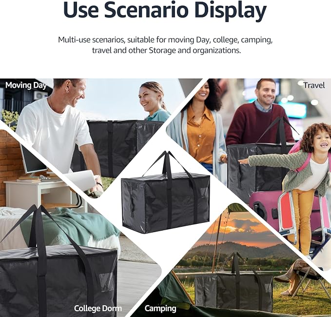 Moving Bags Heavy Duty Extra Large, Moving Boxes, Moving Supplies Essentials, Blue Storage Bins with Lids, Plastic Packing Totes, Storage Bags for Clothes with Handles & Zippers Black, 4 Pack