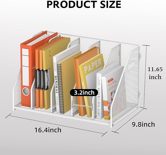SUPEASY Binder Organizer, Magazine File Holder with 5 Vertical Rack, White | Metal Desk File Organizer & Binder Holders, Magazine Organizers for Office Desktop, Home, School, Classroom