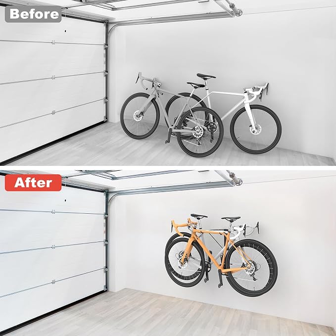 WALMANN Wall Mounted Horizontal Bike Rack, Foldable Space Saving Bicycle Storage Solution for 2 Bikes, Indoor Bike Storage for Garage