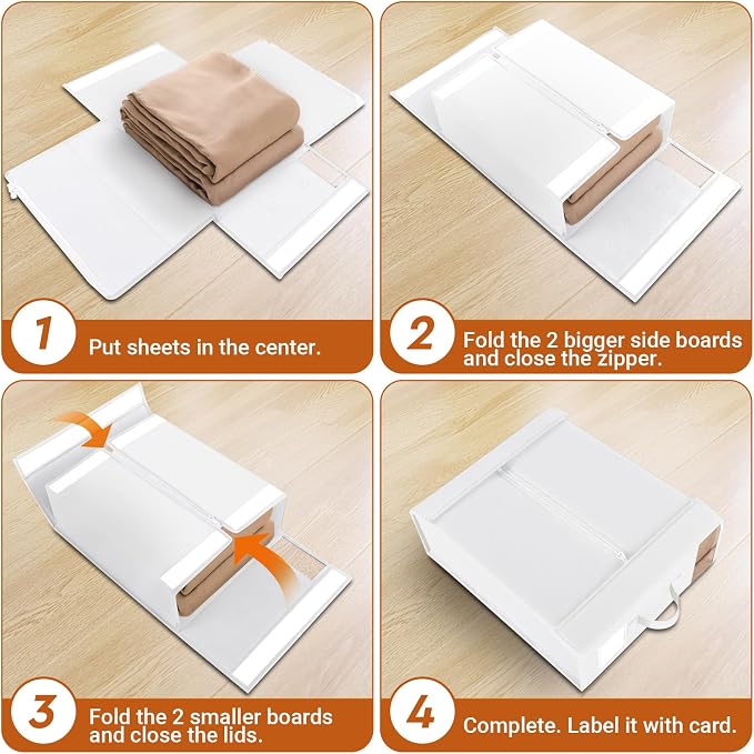 StorageTastic 6 Pack Bed Sheet Closet Organizers and Storage,Sturdy Foldable Storage Containers with Window and Label,Storage and Organization for Bedding Sheets,Duvet Covers,Blankets (White)