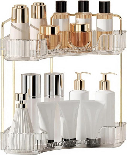 YCIA&DONE Corner Bathroom Counter Organizer, Makeup Organizer for Vanity, Skincare Cosmetic Perfume Tray, Corner Countertop Shelf Rack Storage for Bathroom Kitchen 2 Tiers (Clear White)
