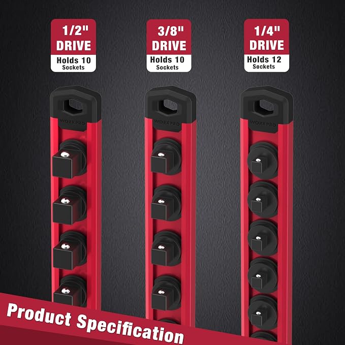 WORKPRO Magnetic Socket Organizer, Heavy Duty 1/4-Inch Drive Socket Rail | 1 Piece Socket Holder with 12 Spots, Aluminum Alloy, Rotatable & Movable Clips, Efficient Organization