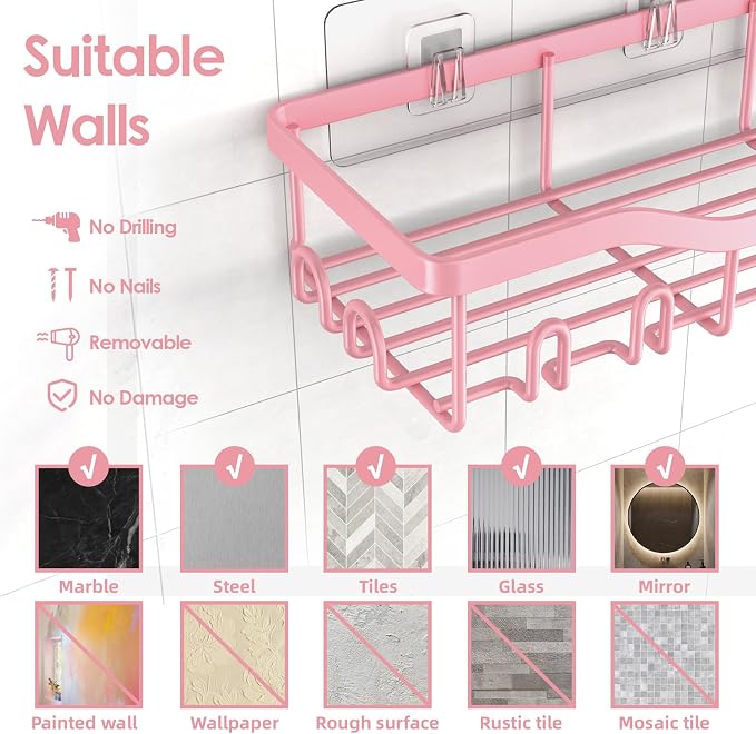 NESOMI Shower Caddy Adhesive Shower Organizer 7-Pack, Rustproof Stainless Steel Bathroom Shelves, Large Capacity No-Drill Rack Storage Accessories with Soap Dish Toothbrush Holder Hooks