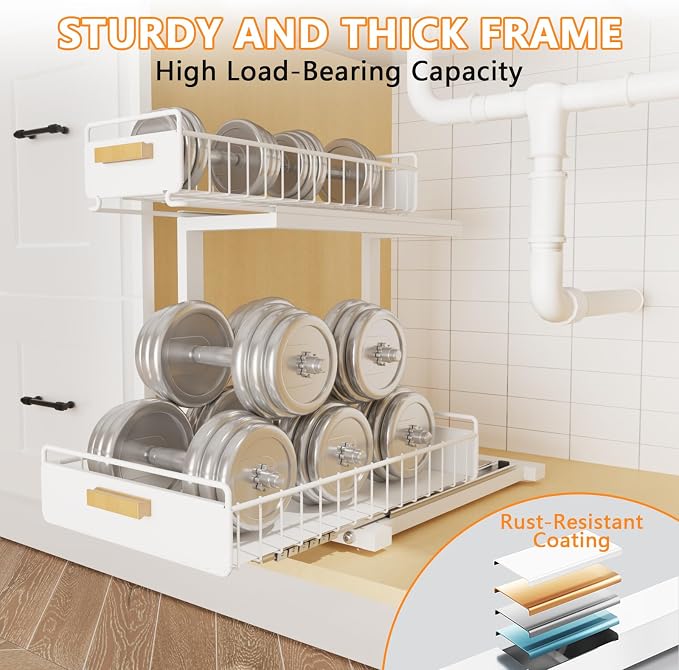 Under Sink Organizer 1 Pack Pull Out Cabinet Organizer with Ball Bearing Sliding Drawer 2 Tier Adjustable Storage Rack Heavy Duty for Kitchen Bathroom White