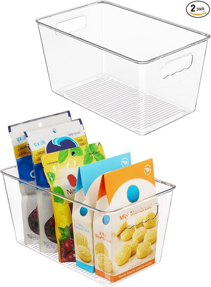 Vtopmart Clear Plastic Storage Bins, 2 PCS Pantry Organizer Bins with Handle for Refrigerator, Fridge, Cabinet, Kitchen, Countertops, Cupboard, Freezer Organization and Storage, Medium