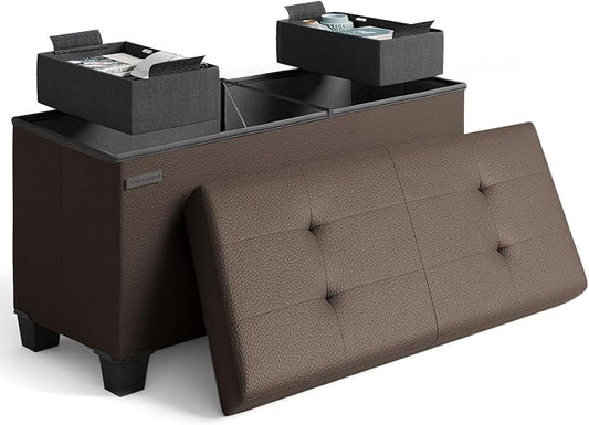 Storage Ottoman Bench with Bins, 30-in Storage Bench for Bedroom End of Bed, Folding Foot Rest Ottoman for Living Room Max 660lbs, Faux Leather Ottomans, Brown