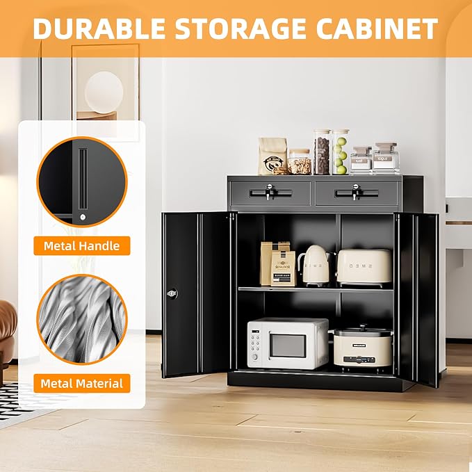 INTERGREAT Metal Storage Cabinet with Drawers, 36”H Lockable Office Storage Cabinets with 2 Doors and Adjustable Shelves, White Steel File Cabinet for Home Office, Garage, School, Apartment(Black)