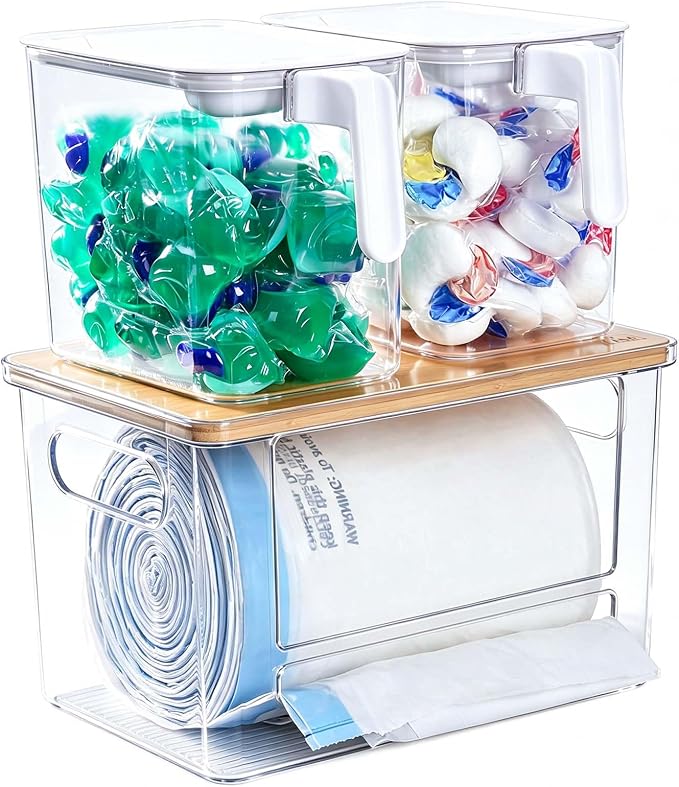 iCASA 3 in 1 Trash Bag and Dishwasher Pod Organizer Garbage Bags Dispenser | Large Acrylic Trash Bag Holder with Bamboo Lid, with 2 Pack Laundry Detergent Pods Container, Under Kitchen Sink Organizer
