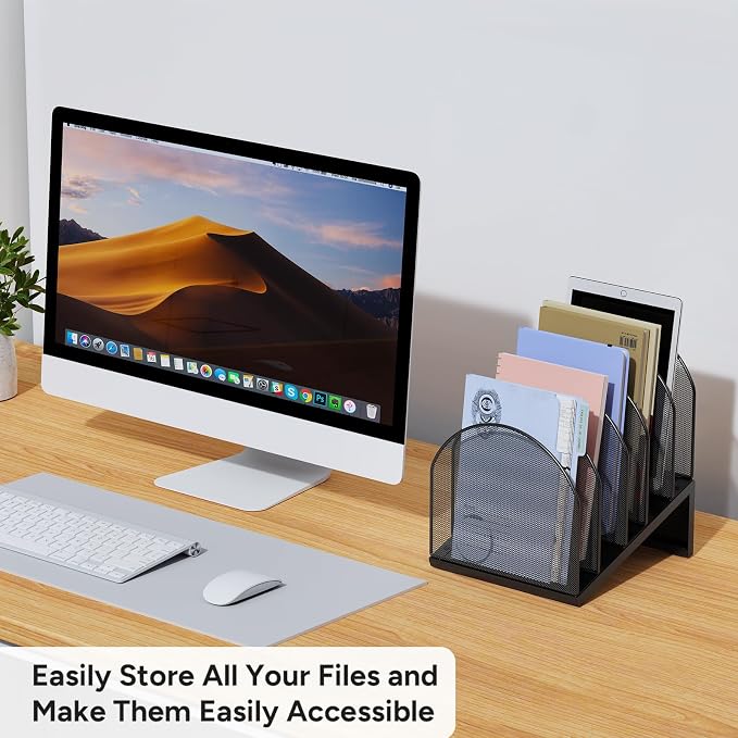 5-Section Desk File Organizer Metal Mesh Folder Organizer, Black | Metal Mesh Folder Organizer for Documents, Mail & Office Papers