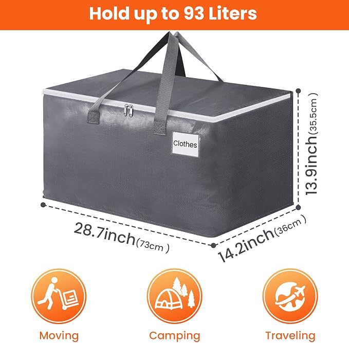 BlissTotes Large Moving Bags, Storage Bags, 93L-8 Pack | Moving Bags with Zipper, Handles Moving Supplies with lids, Heavy Duty Totes for Storage Bags, Space Saving, Moving Totes