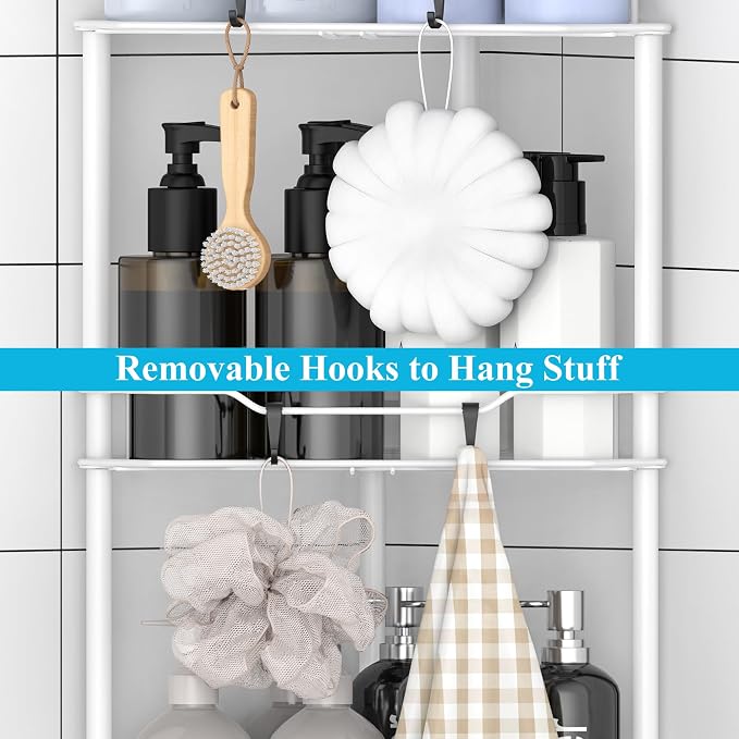 HuggieGems 4 Tier Floor Standing Corner Shower Caddy Organizer Shelf with Hooks, Bathroom Shelves Stand Rack, White