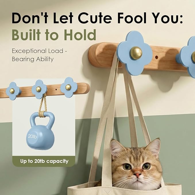 Tindbea Upgreded Heavy Duty Coat Rack Wall Mount for Entryway, Kids' Room | Cheery Wood, Blue, 5 Hooks