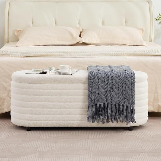 45.5" Storage Teddy Ottoman Bench Upholstered Fabric Bench Hidden Storage Chest with Slow-Close Safety Hinge for Bedroom, Living Room, Entryway, White