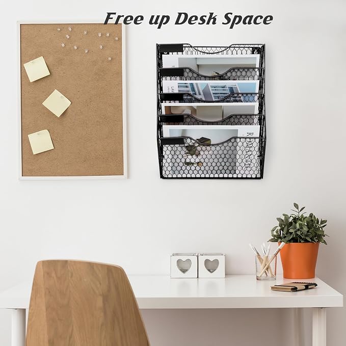 EASEPRES Mail Organizer Wall Mount, 5 Tier Metal Chicken Wire Hanging File Holder Office Storage and Organization