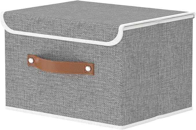 OUTBROS Storage Boxes, Bins with Lids, 10.2x7.9x6.7 in, Grey | Cotton and linen cloth Storage Baskets with Handle, for Books, Closet, Bedroom, Home