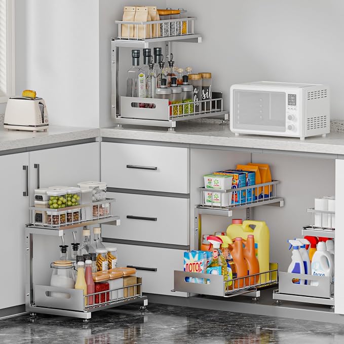 2-Pack L-Shaped Under Sink Organizer, 2-Tier Pull-out Cabinet Rack | Grey Height-Adjustable Metal Rack, Sliding Grid Drawers with Safety Stopper, Holds 100 Lbs, Ideal Kitchen Cabinet Storage