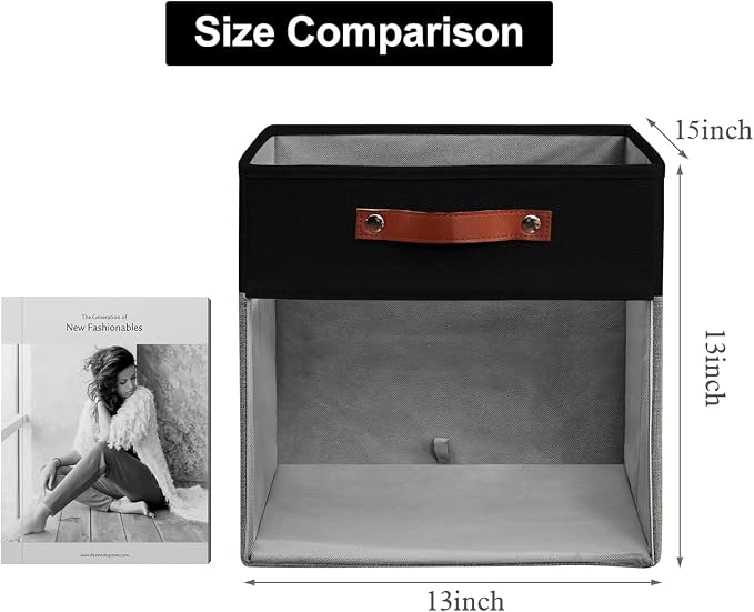 Storage Cubes, 4 Pack Linen Foldable Storage Bins with Clear Window and 2 Handles, 13x15x13 Storage Cube Bins for Shelf Closet, Kallax, Clothes, Books - (Gray / Black)