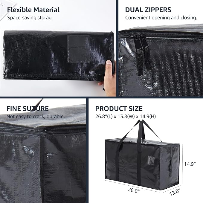 Moving Bags Heavy Duty Extra Large, Moving Boxes, Moving Supplies Essentials, Blue Storage Bins with Lids, Plastic Packing Totes, Storage Bags for Clothes with Handles & Zippers(Black, 6 Pack)