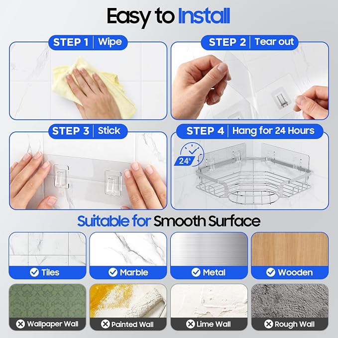 Corner Shower Caddy, Rustproof Shower Organizer with Soap Holder and 8 Hooks, No Drilling Adhesive Shower Shelves for Inside Shower, Large Capacity Shower Rack for Bathroom Shower Storage, Sliver