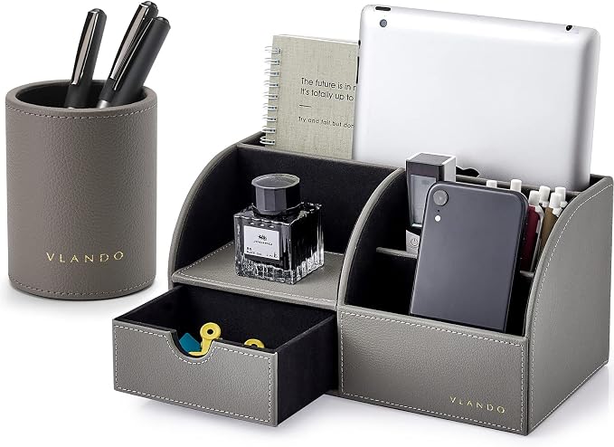 VLANDO Office Desk Organizer Leather Desktop Organizer Caddy with Drawer for Storing Desktop Supplies and Accessories (Grey Set) | Grey leather desk organizer set combines divided desktop storage and a pull-out drawer for office supplies and accessories