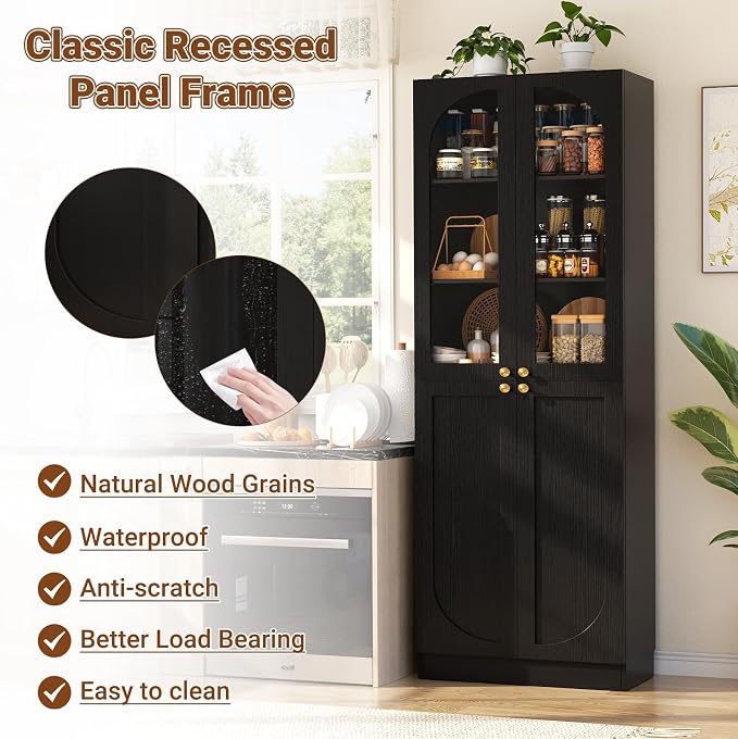 Cyclysio 80" Kitchen Pantry, Tall Arch Storage Cabinet with Tempered Glass & Soft Close Doors, Freestanding Wood Floor Cupboard Bookcase with Seamless Fit Wall for Dining Room, Living Room, Bathroom