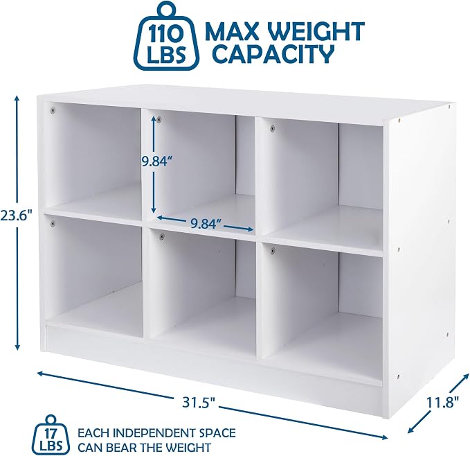 SUPER DEAL 6 Cube Storage Organizer 2 Tier Bookshelf with 3 Bins 3 x 2 Wood Open Shelf Cubby Bookshelves System Wide Toy Cabinet for Bedroom Living Room Kids, White/Light Blue 31.5 in Wide