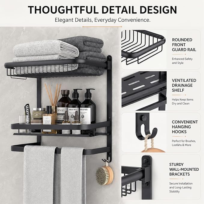 23 Inch Towel Rack for Bathroom with 3 Tier Shelf Double Bar Hook (Black) | 90 Degree Foldable Top Design, Wall Mounted Storage Shelf of 304 Stainless Steel, No Drill or Screw Installation