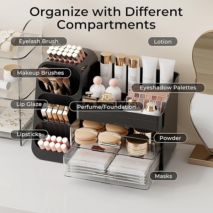 UFORU Makeup Organizer Countertop with Brush Holder for Vanity Bathroom | Large Capacity, Thickened Plastic, 2 Clear Drawers, Compact Size, Detachable Brush Holder, Divided Compartments, Easy Access