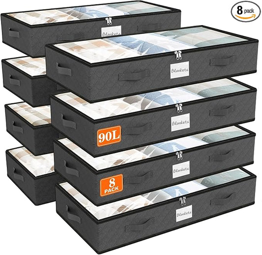 90L Under Bed Storage Containers, Storage Bags, Organizers, 8-Pack, Gray | Foldable, Soft Fabric, Closet Organizers, Reinforced Handle, Label Holder, Clear Window, for Comforters, Clothing, Blankets
