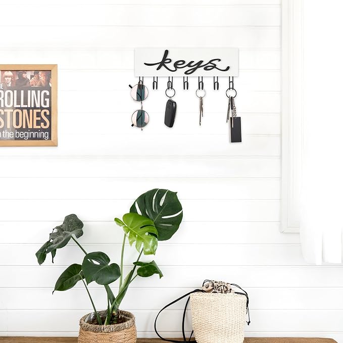 Mkono Key Holder Wall Mounted with 7 Hooks, Wood Key Hanger Home Decor | Decorative Key Hook, Easy Install, Storage Car Key Dog Leashes Sunglasses, Easy-To-Find, Entryway Mudroom Hallway Office Door