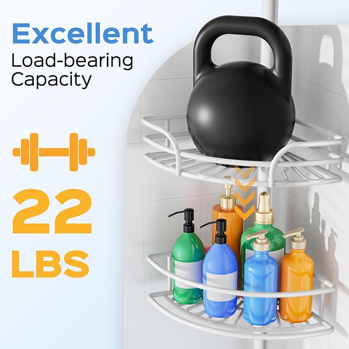 HAMITOR Shower Caddy Corner Tension Pole: 4-Tier Large Capacity Bathroom Organizer Shelf with Towel Bar - Rustproof No-Drill Adjustable 47-123 inch Storage for Renters, Home Bathtub Stand Rack, White