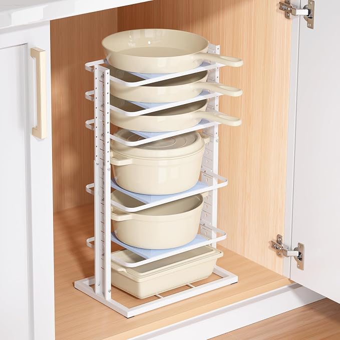LAMU Pots and Pans Organizer for under Cabinet, 6-Tier Heavy Duty Pan Pot Organizers inside Cabinet Adjustable 14 to 24.57", Pot Rack Kitchen Cabinet Organization and Storage Holds up to 12" Cookware