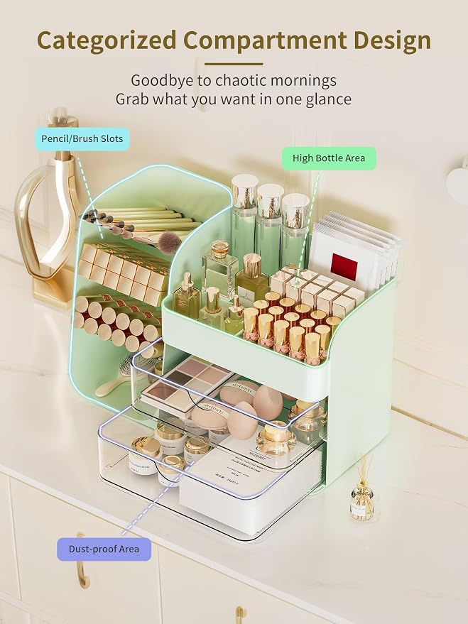 Booklov Small Makeup Organizer for Vanity Countertop, Green | Clear Acrylic Cosmetic Display Case, Beauty Brush Holder for Bathroom Counter, Make Up Skincare Lipsticks Storage