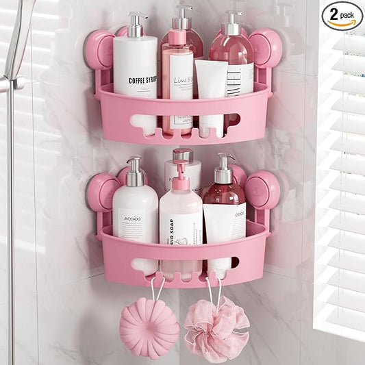 TAILI Suction Corner Shower Caddy, Bathroom Shelf Storage Basket | 2 Pack, Wall Mounted Organizer for Shampoo, Plastic Rack for Kitchen and Bathroom, Drill-Free Removable-PINK