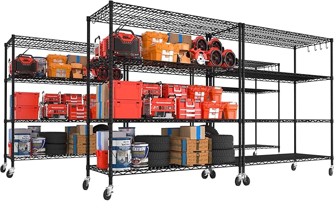 PrimeZone 4 Tier 55.5"W x 24"D x 80"H Heavy-Duty Wire Shelving with Wheels | Tote Storage Rack, Adjustable Shelves, 2400 LBS Capacity, 4" Rolling Casters, 25.4mm Steel Tube for Warehouse, Basement, 5PCS