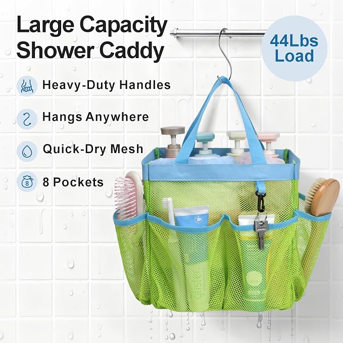 Mesh Shower Caddy Portable - 8 Pockets, S-Hook, Shower Bag for Dorm Camping | 2-Handle, Quick-Dry, Toiletry Organizer, College Dorm Room Essentials for Girls, Gym, Travel & Bathroom, Fluorescent Green