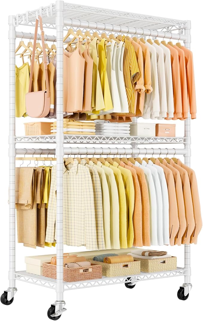 P5 Rolling Clothes Rack, Clothing Racks for Hanging Clothes, White | Heavy Duty Garment Rack with Wheels, 3-Tier Shelves, Portable Closet Racks 39.4'' W × 20.5'' D × 80.5'' H, Max Load 650 Lbs
